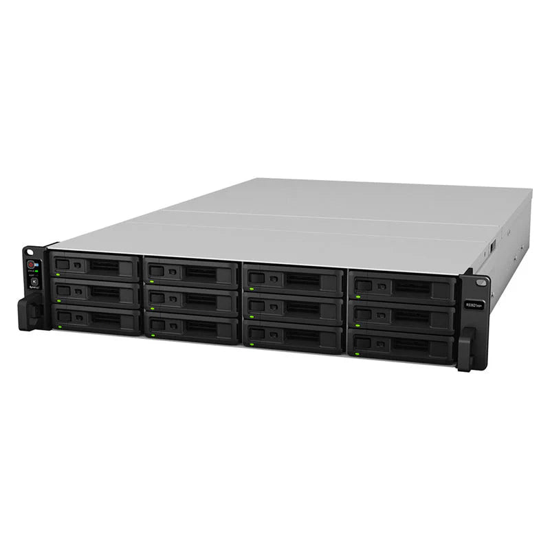 Synology RackStation RS3621xs+ NAS with 12 drive bays in a 2U rackmount design.