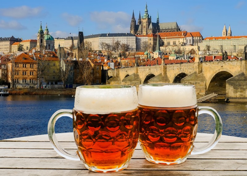 Two mugs of Czech beer at Prague Castle