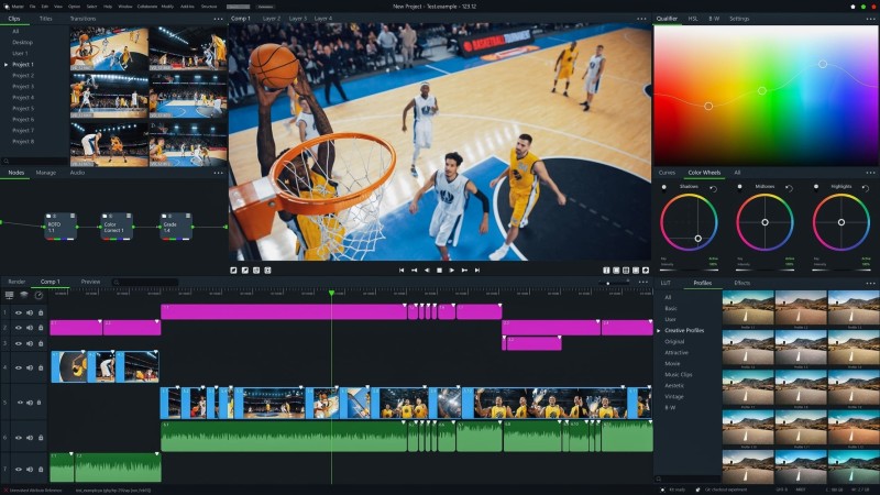 Video editing software showing a basketball game project with color correction tools, video timeline, and multiple video clips.