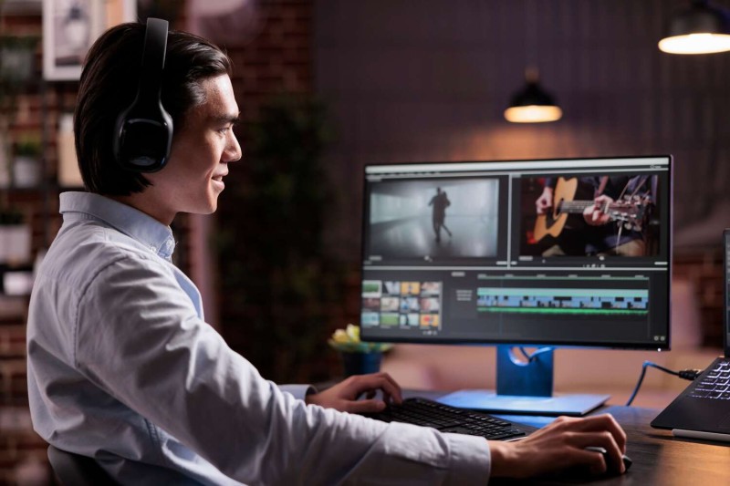 Young man with headphones editing a video project on a computer, showing a guitarist and running figure on the screen.