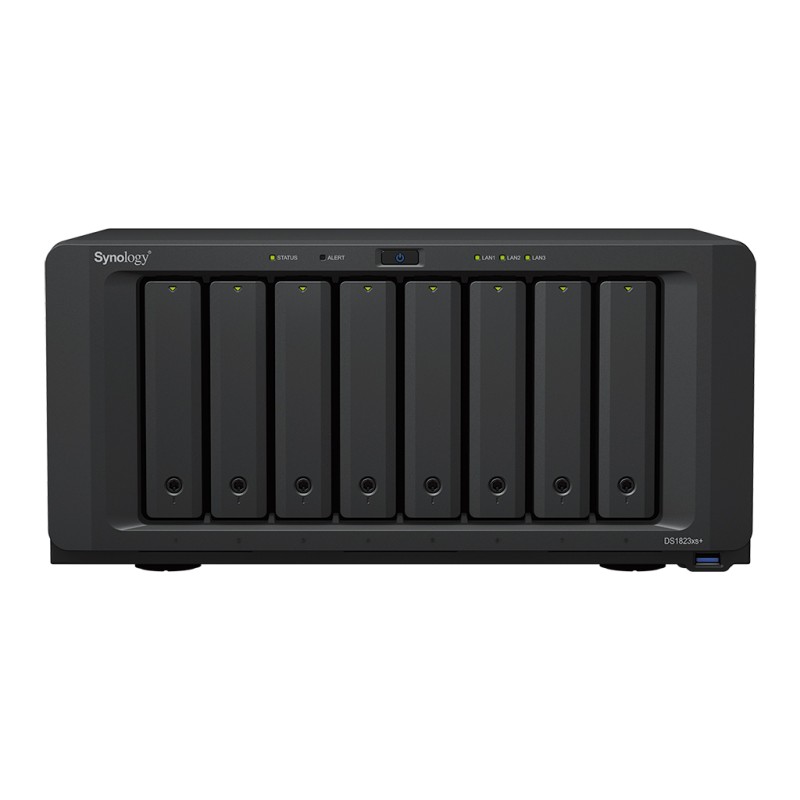 Synology DS1823xs+ NAS device with 8 drive bays and LED indicators.