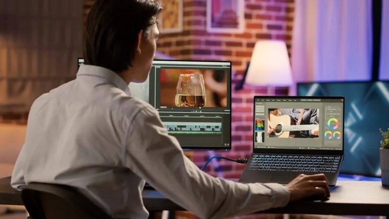 A video editor working on a laptop with multiple screens, showcasing editing software with creative visuals such as a glass and a guitar.