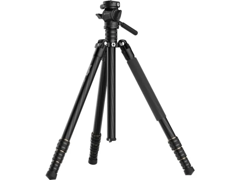 A sturdy black tripod featuring adjustable legs and a fluid head for photography.