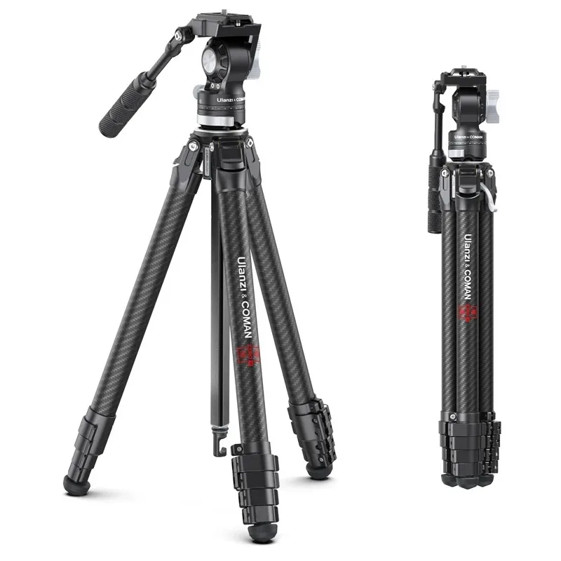 A carbon fiber tripod with an adjustable head and detachable legs, featuring a sleek design ideal for photographers.