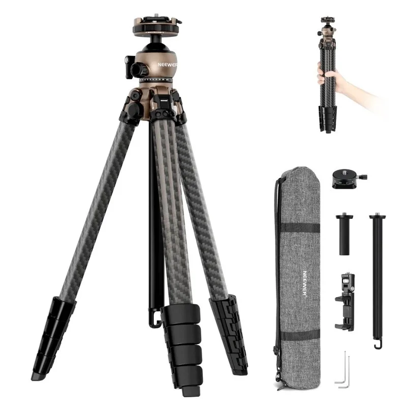 A professional Neewer carbon fiber tripod with ball head, accessories, and carrying case, ideal for photography and videography.