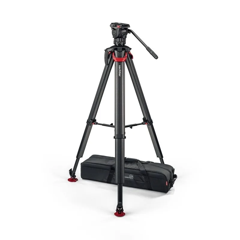 A professional video tripod with a fluid head and carrying case, ideal for filmmakers.