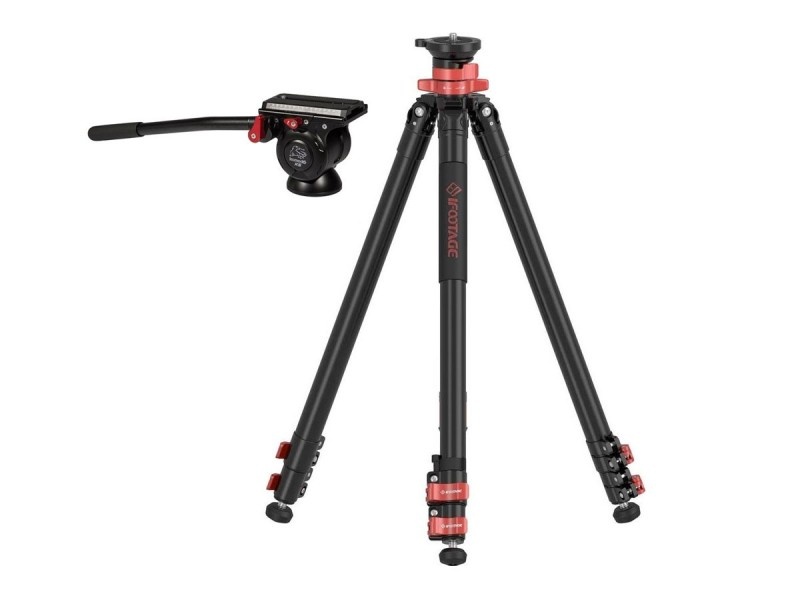 A high-quality video tripod featuring a stable three-legged design and a fluid head for smooth panning.