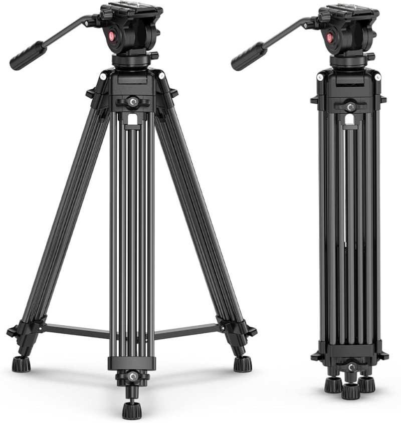 A professional tripod with a fluid head for video recording, displayed in both extended and folded positions.