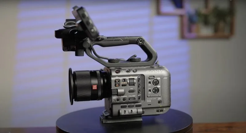 A Sony FX6 cinema camera showcased on a display stand.