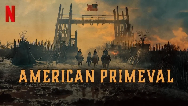A cinematic scene from 'American Primeval' showcasing a group on horseback approaching a dramatic, old fort structure against a stormy sky.