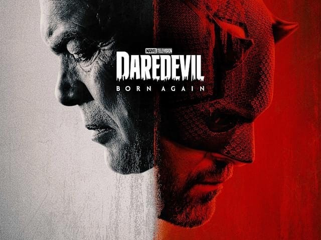 A promotional image for 'Daredevil: Born Again' showcasing a split view of a character in hero costume and another in a darker tone.