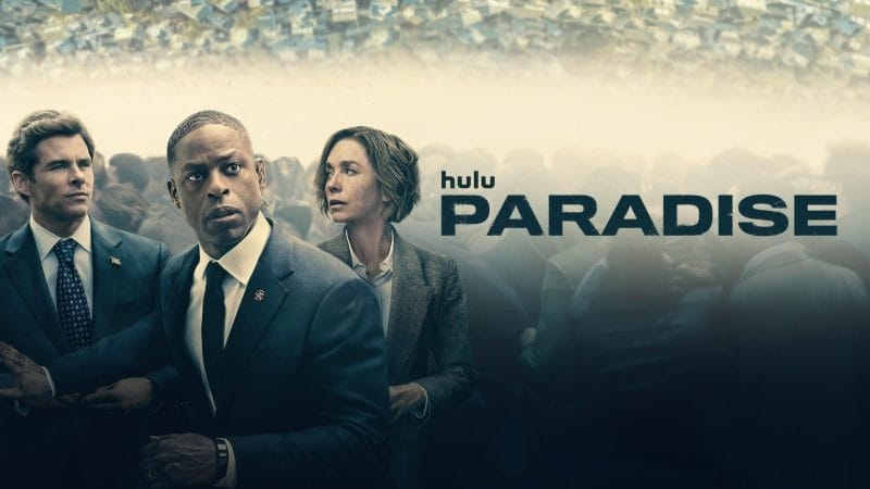 A scene from the Hulu series 'Paradise' featuring key characters navigating a tense situation.