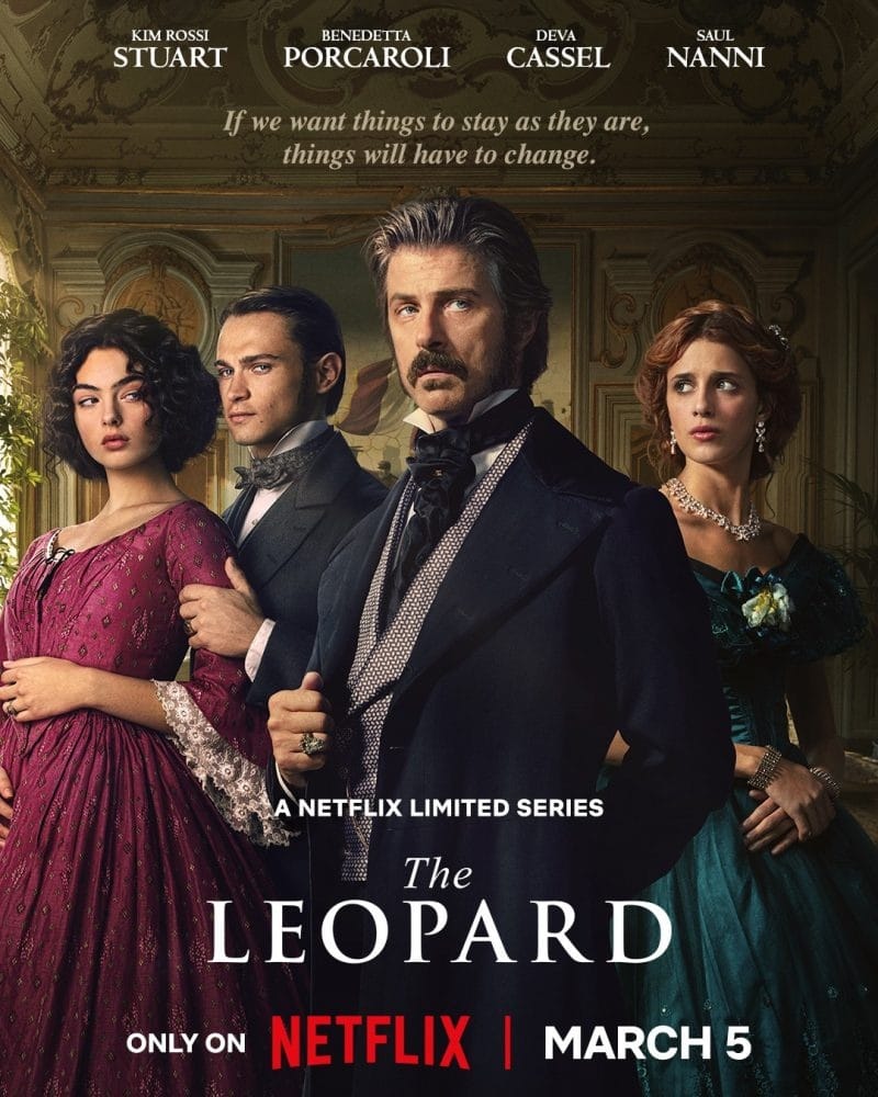 A promotional image for the Netflix series 'The Leopard' featuring four main characters in 19th-century attire.