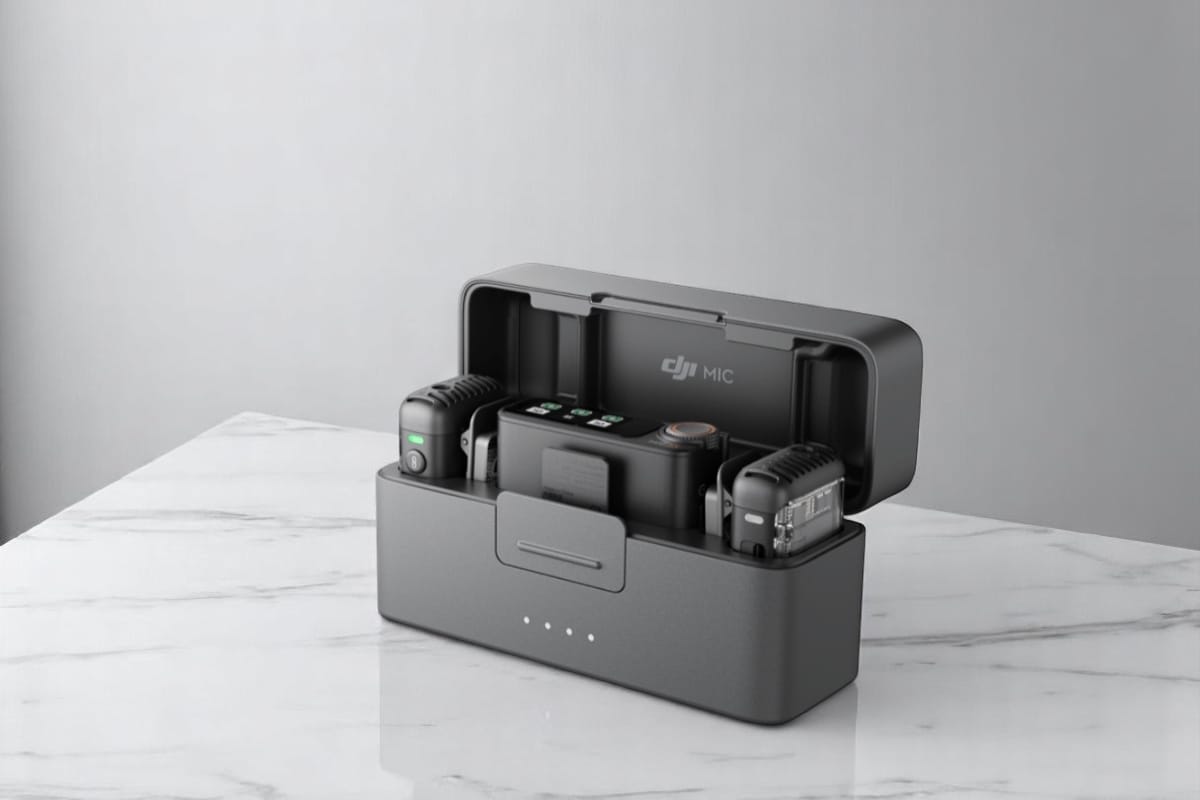 A DJI Mic 2 charging case open to reveal the wireless microphones and receiver inside, ideal for content creation.