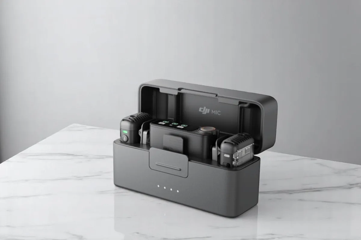A DJI Mic 2 charging case open to reveal the wireless microphones and receiver inside, ideal for content creation.